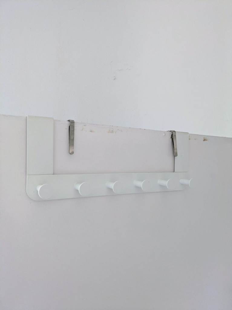 Over-Door Coat Rack — White Metal, 6 Hooks, No Drilling