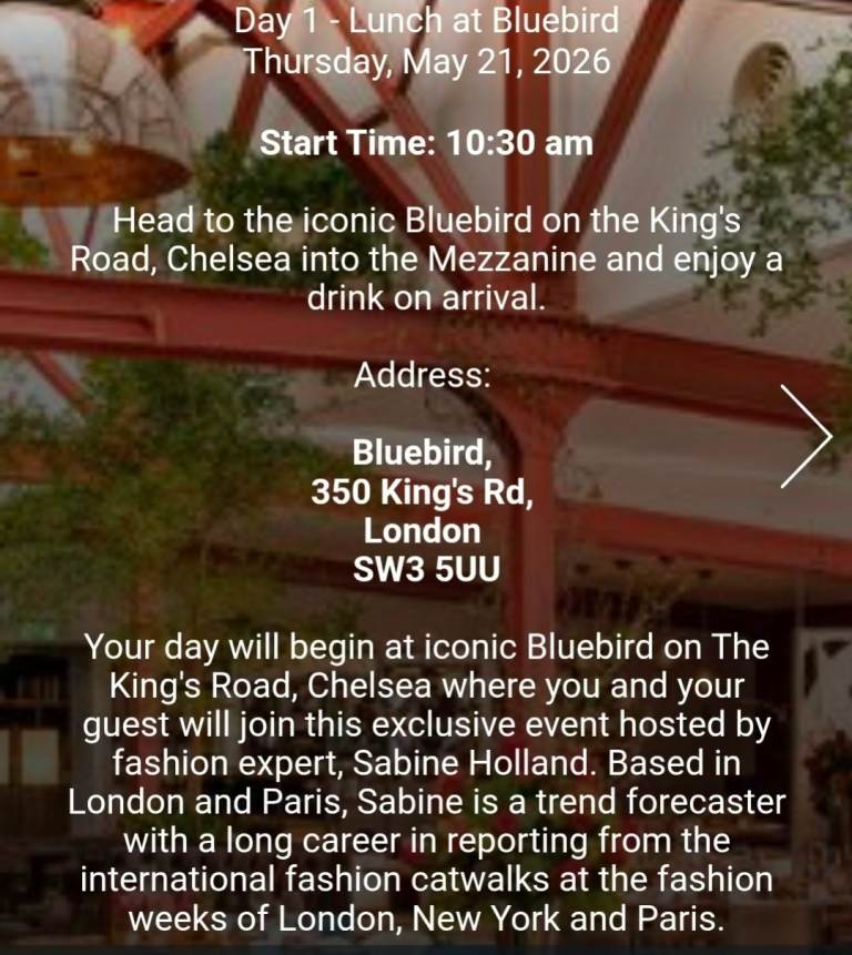 2 tickets– Chelsea Flower Show + Bluebird lunch (21 May, 10:30am)