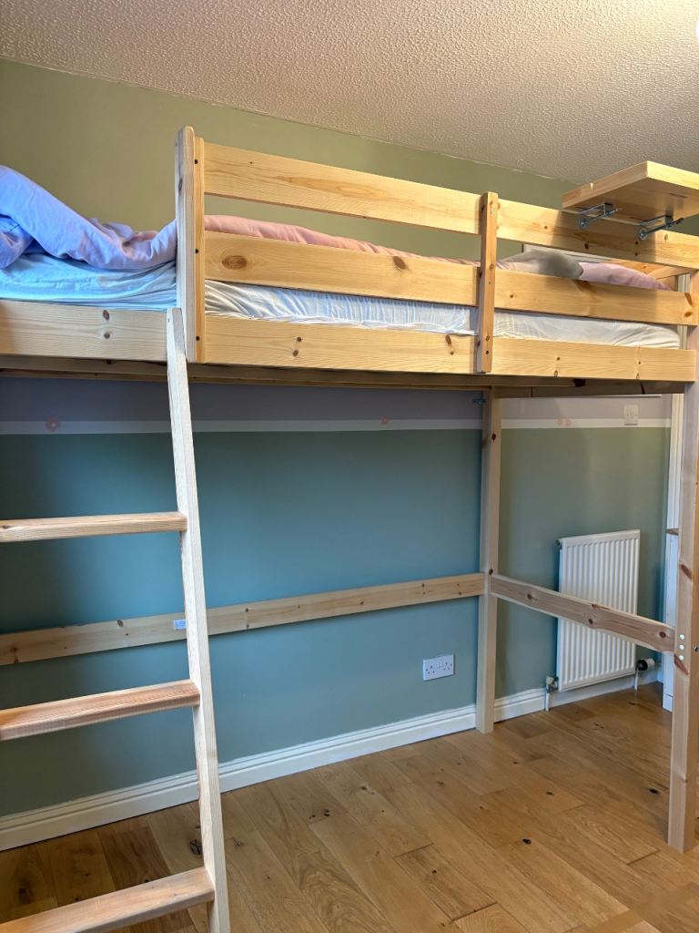 Wooden High Sleeper Bed with Ladder and Shelf – Good Condition