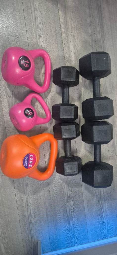 2 Set of dumbells and 3 kettle bells weights gym