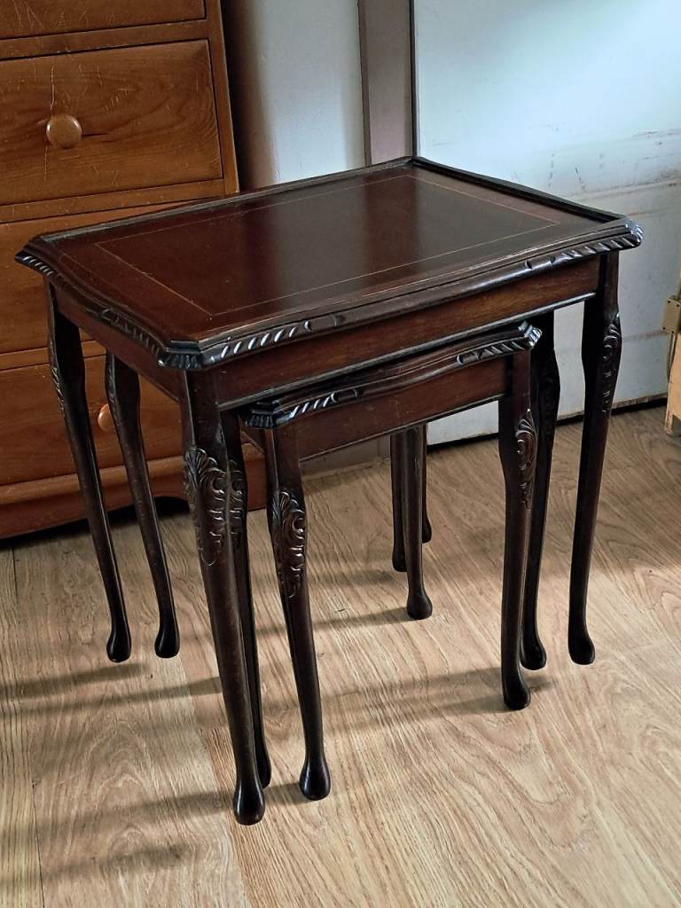  Vintage Set of 3 Wooden Nesting  Tables with Glass Tops