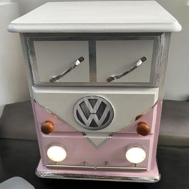 Bedside table drawers upcycled in pink Volkswagen vintage Campervan 