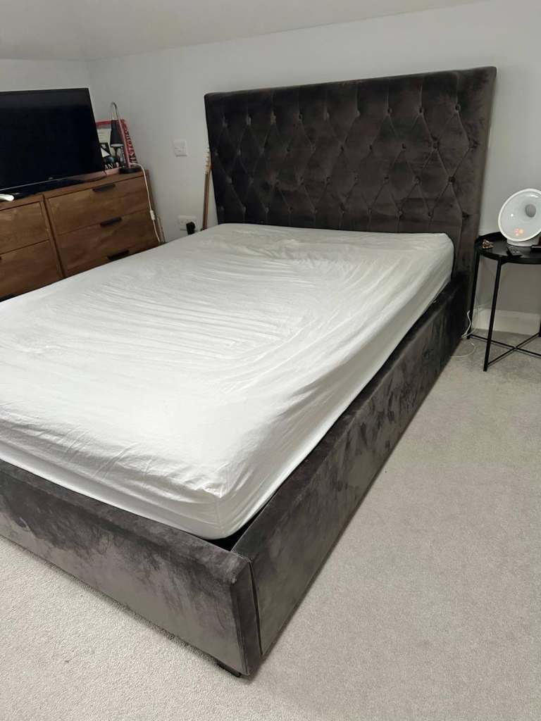 Safina Ottoman Double Bed + IKEA Memory Foam Mattress | Dark Grey Velvet | Storage
