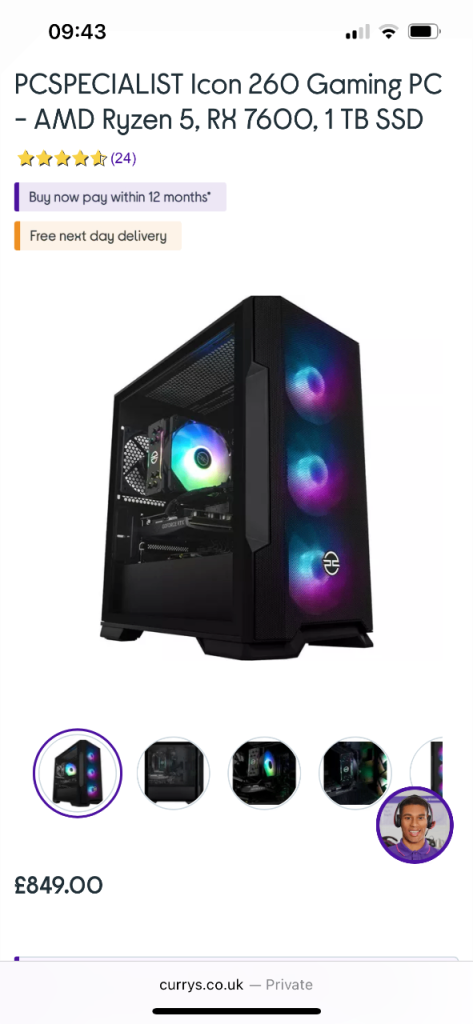 PC SPECIALISTS Icon 260 Gaming PO - AMD Ryzen 5, RX 7600, 1 TB SSD