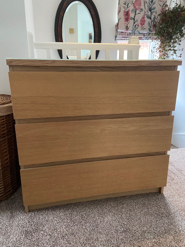 IKEA Malm 3 Chest Drawers with white glass top