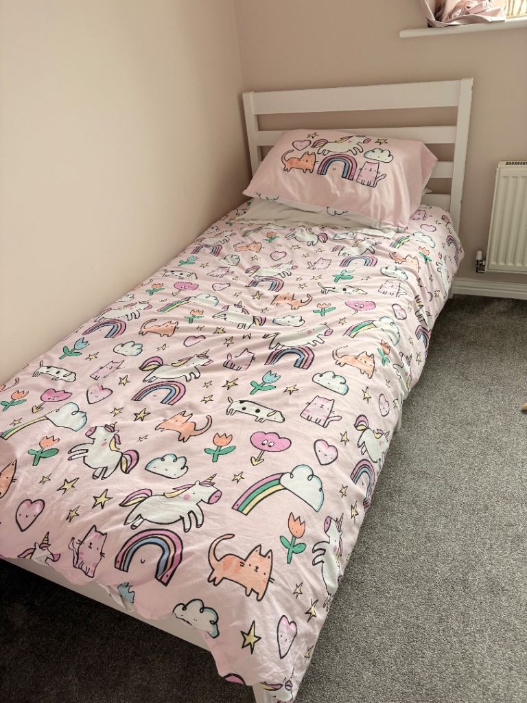 image for White wooden single bed with mattress 