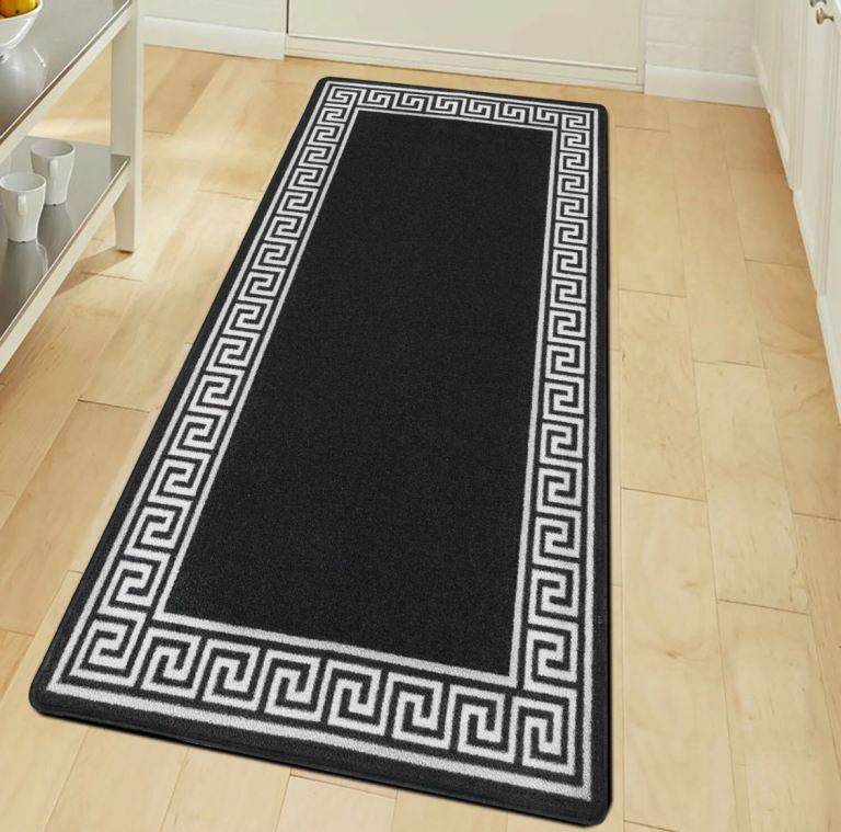 66x400 cm Black Hallway Runner Rug with White Greek Key Border