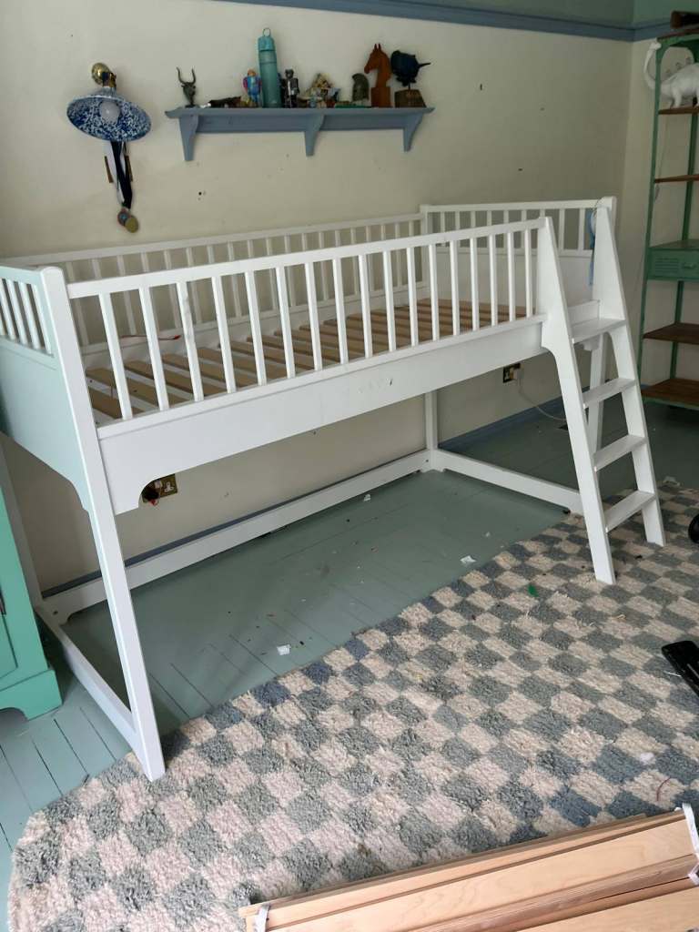 White Wooden Loft Bed with Ladder – Space Saving
