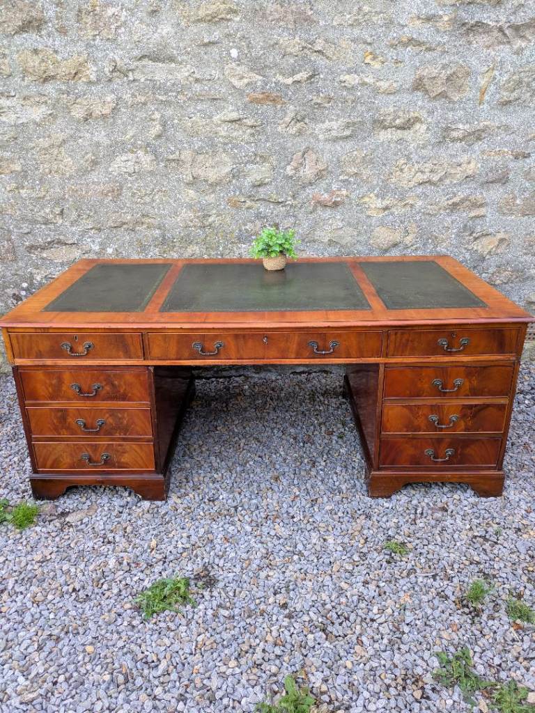 Large Vintage Green Leather Top Captains Pedestal Desk 