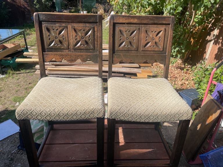  Pair of 1920s Antique Carved Oak Chairs – Sturdy & Characterful 