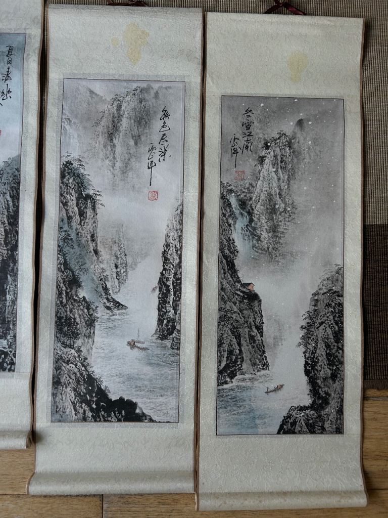 Set of four season Chinese landscape paintings scroll silk paper mountain river scene 
