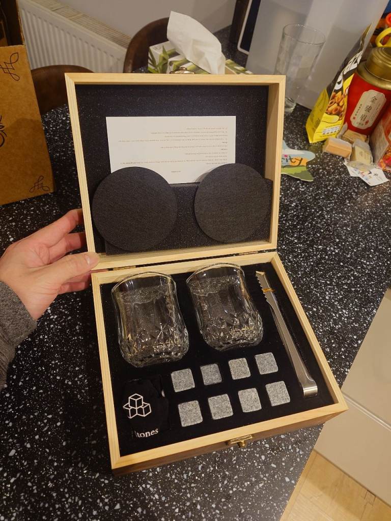Whiskey Glass Set with Stones and Tongs in Wooden Box