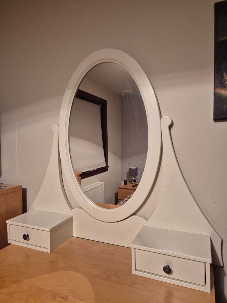 White Oval Dressing Table Mirror with Drawers