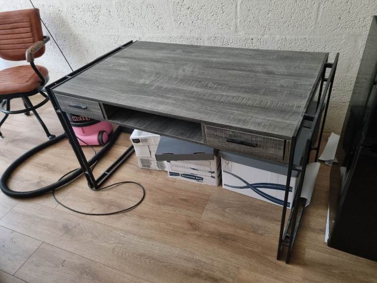 Grey Wood Effect Desk with Metal Frame – Good Condition