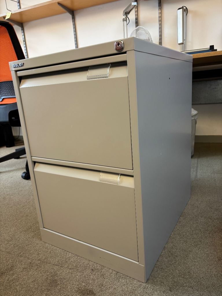 Metal Bisley 2-drawer filing cabinet in grey with bonus hanging files included