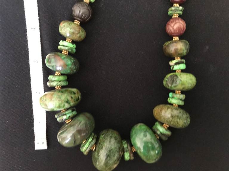 Dramatic Chunky (heavy) Natural Green Turquoise Stone Necklace with Gold Tone Chain