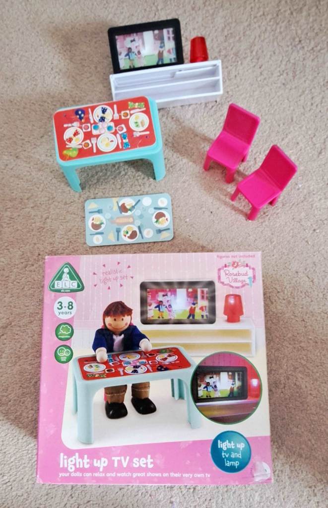 Dolls house furniture light up TV and table, chairs NEW