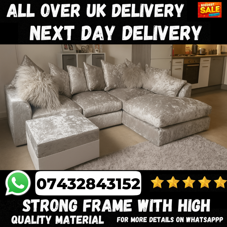 Brand New Silver Crushed Velvet Corner Sofa 