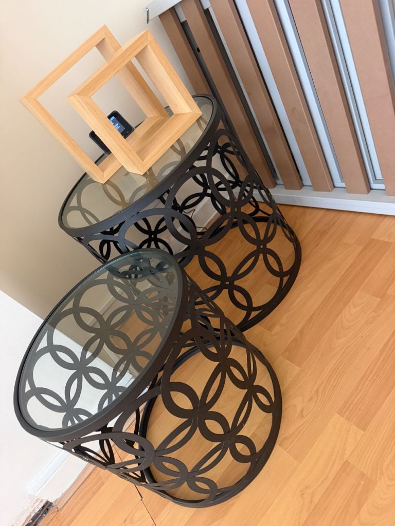 Pair of Black Metal and Glass Side Tables – Good Condition