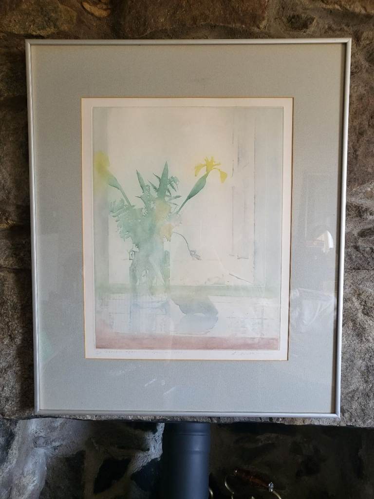 Limited edition print 72/225 "Flowers against an open window/Eigg" Donald Wilkinson (b. 1937). 