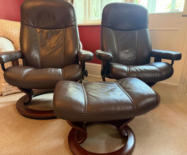 Pair of Brown Leather Recliner Chairs with Footstool – Good Condition