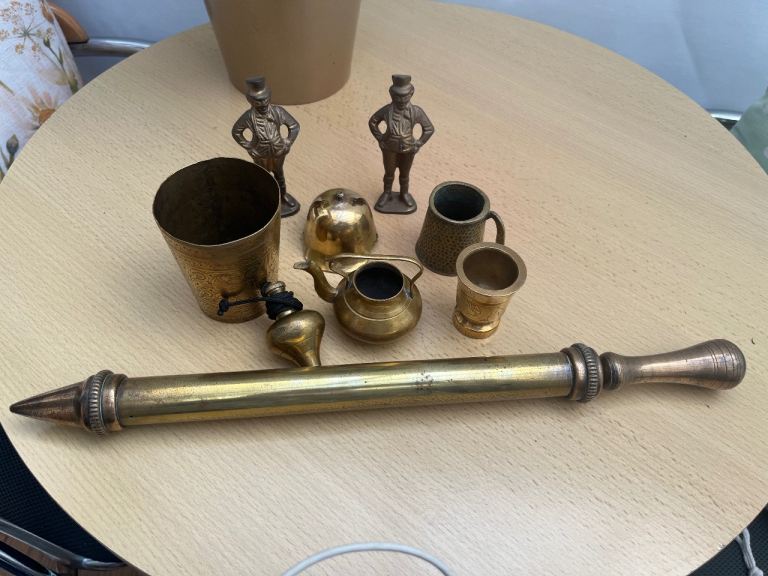 Vintage Brass Ornaments and Antique Bicycle pump 