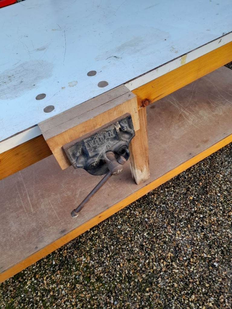 Large workbench/packing bench with vice.