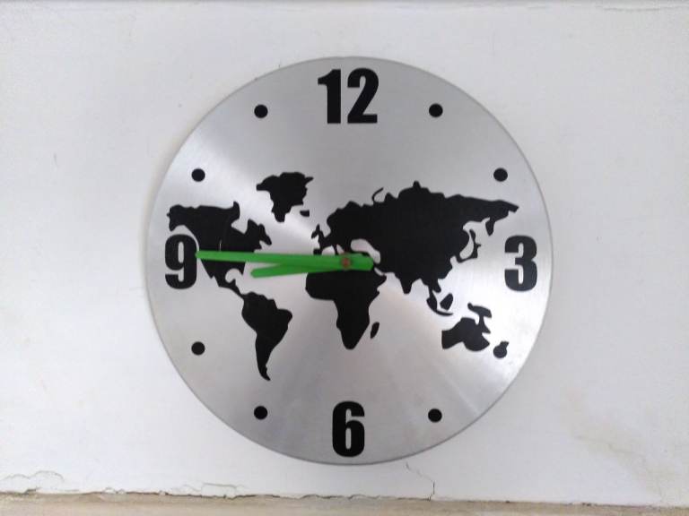 World Map Wall Clock - Silver with Green Hands