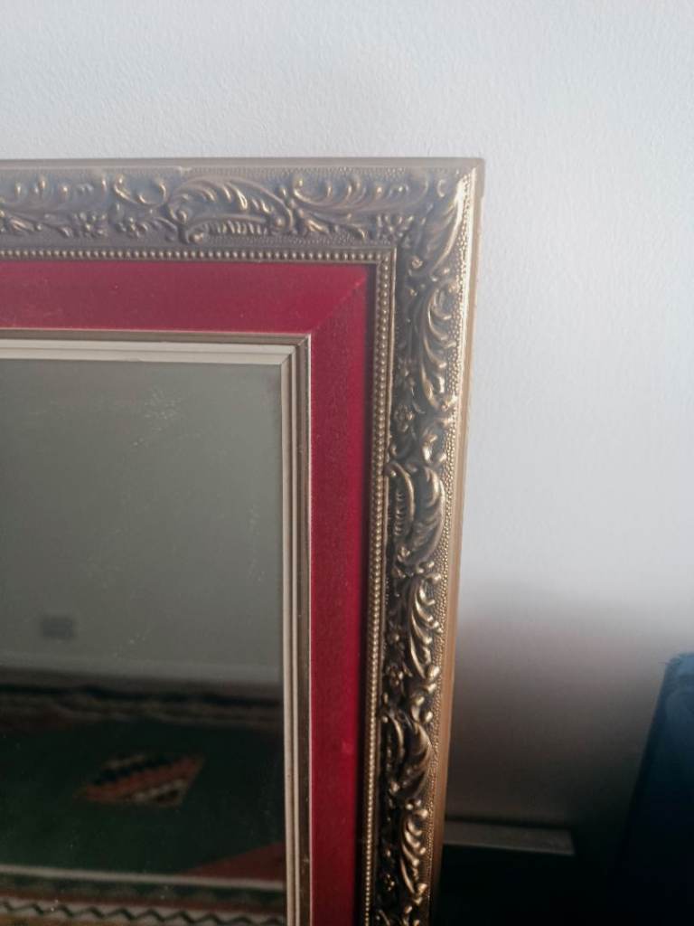 Ornate Gold Framed Mirror with Red Border – Good Condition