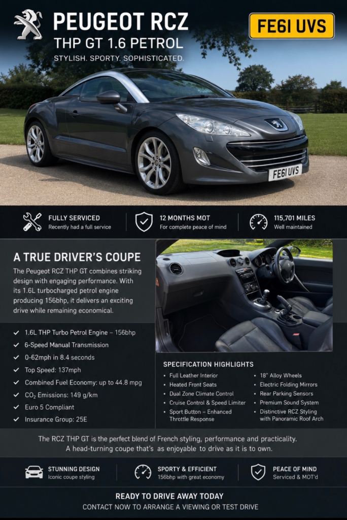 Peugeot, RCZ, Coupe, 2011, Manual, 1598 (cc), 2 doors