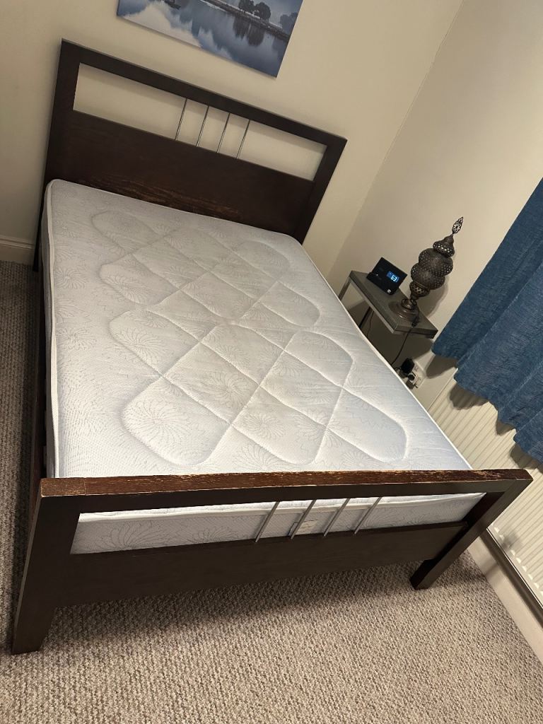 Quality Solid Wood Double Bed Frame Plus Mattress 140 cm by 200 cm approx