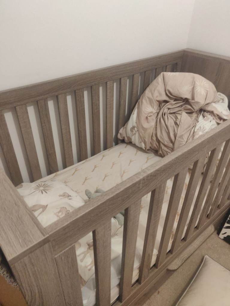 Mamas and papas nursery furniture, bed wardrobe and drawers with changing table