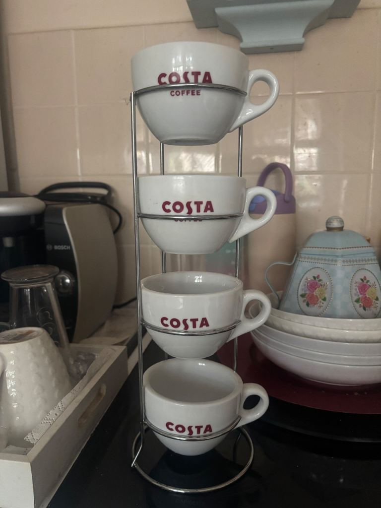 Costa Coffee Cups with Metal Stacking Stand – Good Condition