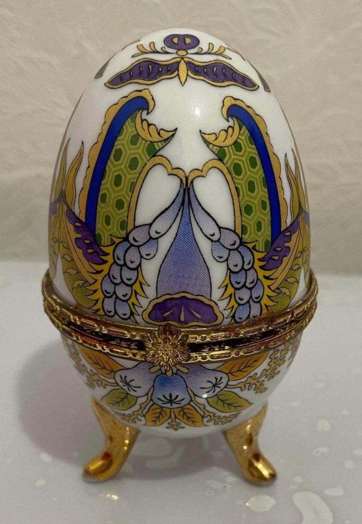 Sweet White Ceramic Egg-Shaped Footed Trinket Box w/ Pink Floral 