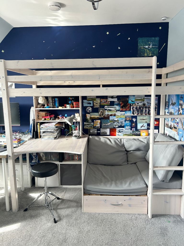Single Loft bed with desk,storage area, fold out bed