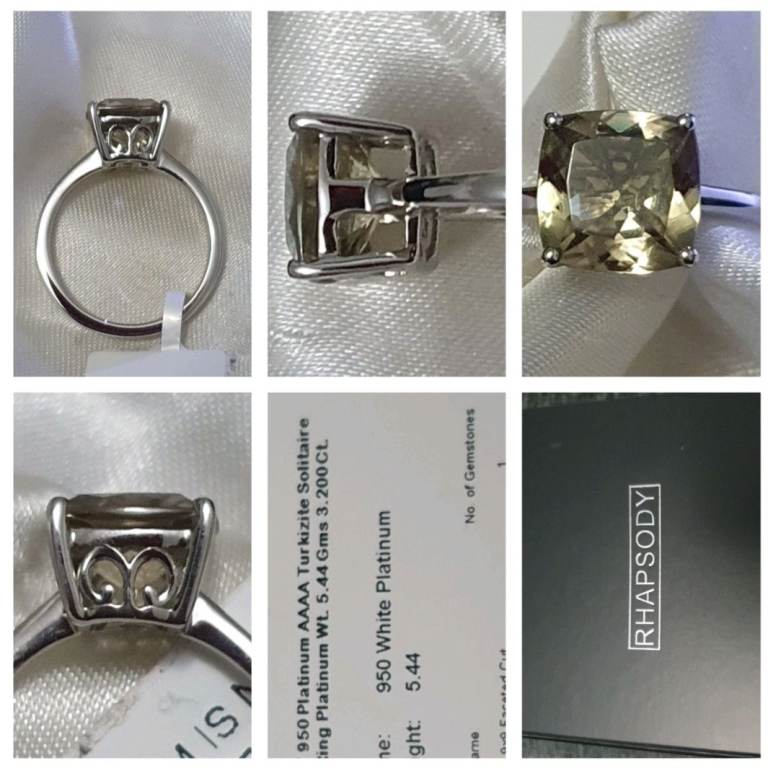 Size M 950 Platinum Gold Ring AAAA Turkizite 9X9 Solitaire Cushion  Platinum 950 NEW