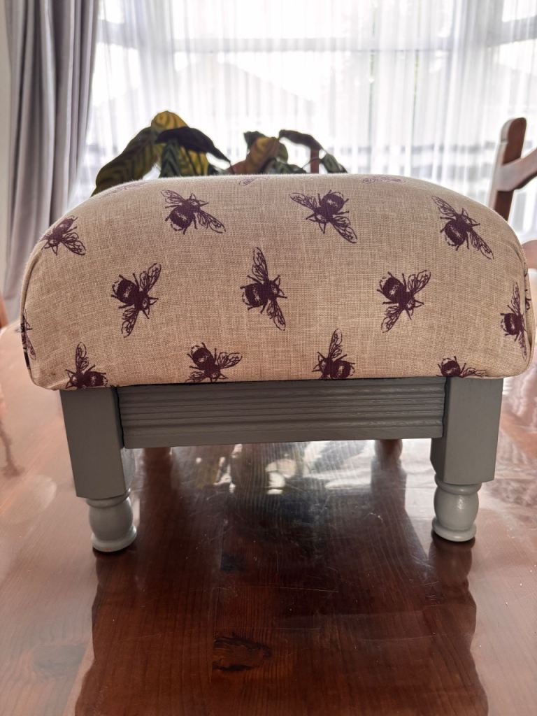Lovely Grey Footstool with Bee Pattern Fabric – As Good As New