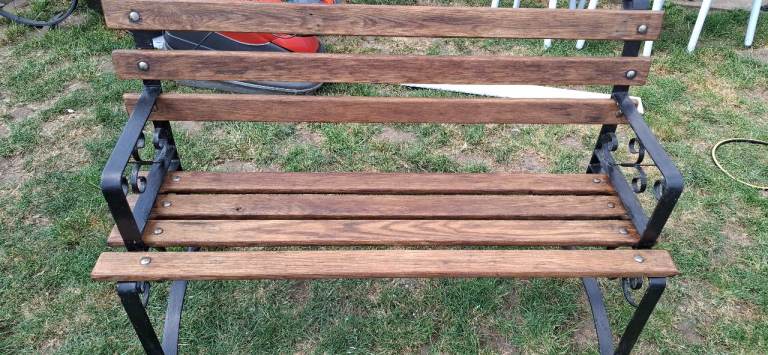 Stunning vintage heavy blacksmith made and solid oak bench