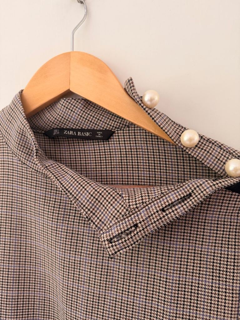 Zara Basic Check Shift Dress - Pearl Button Detail - Size L