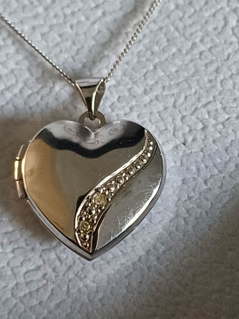 Silver Heart Locket Necklace with Diamonds