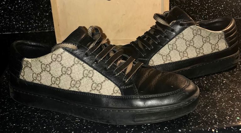 Gucci Trainers - Black Leather and Monogram Canvas, Good Condition