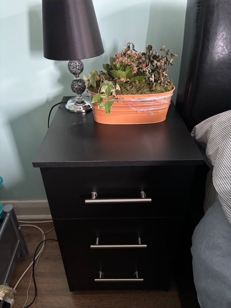 Black Bedside Table with 3 Drawers – Good Condition