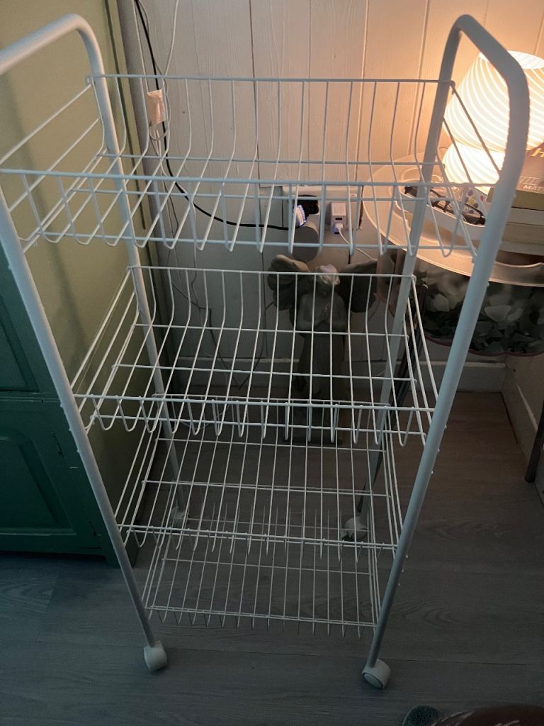 White Metal Storage Trolley with 3 Baskets on Wheels