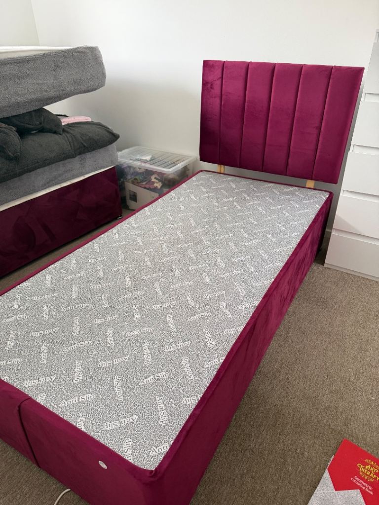 Single Velvet Divan Bed with Headboard and Mattress – As Good As New
