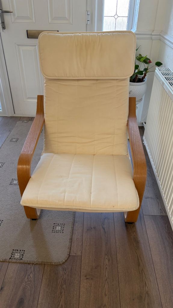 Comfortable Wooden Frame Armchair with Cream Cushions – Good Condition