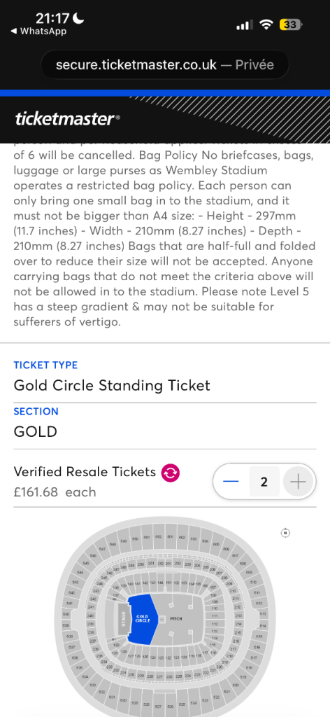 Bruno Mars 2x Gold Circle Standing Ticket 