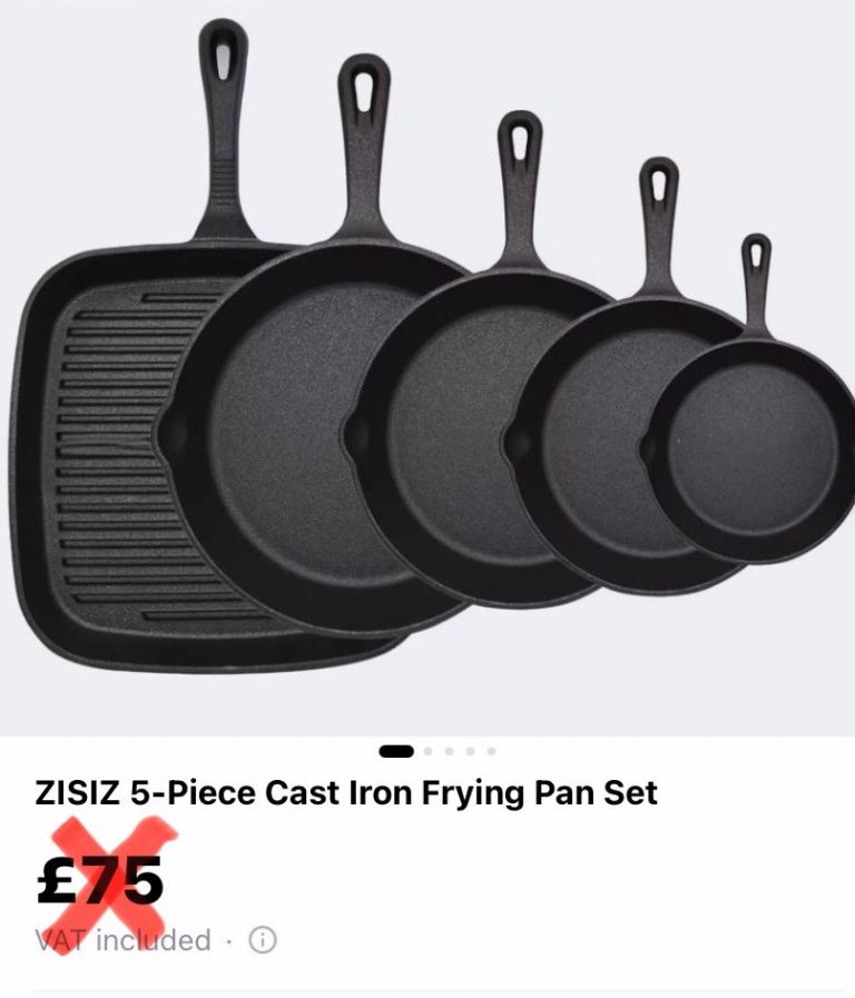 6 Piece Set of Cast Iron Frying / Skillet / Griddle Pans + Oven Glove