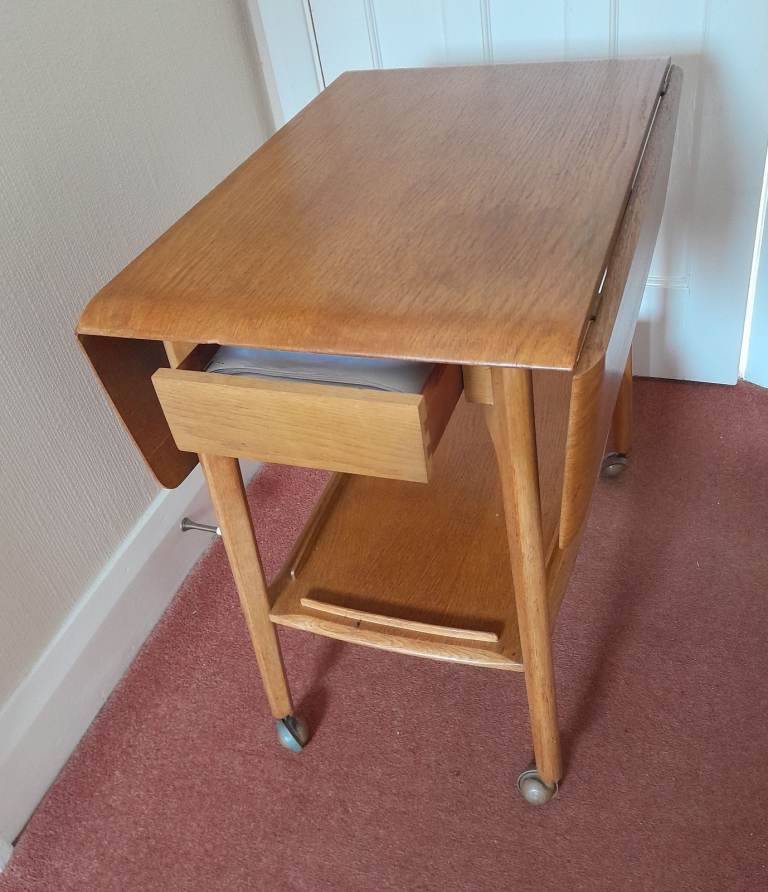 Vintage tea trolley with drop-leaf sides and 'hidden' drawer - Priory make - oak - good condition 