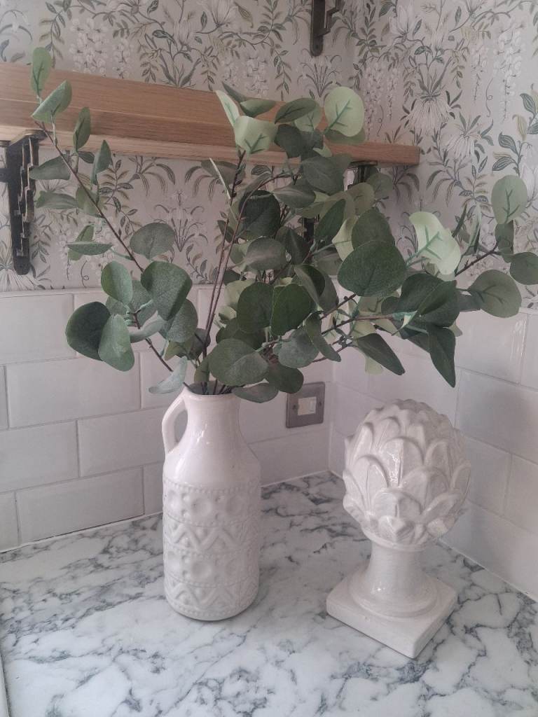  Vase with Faux Eucalyptus and ceramic finial