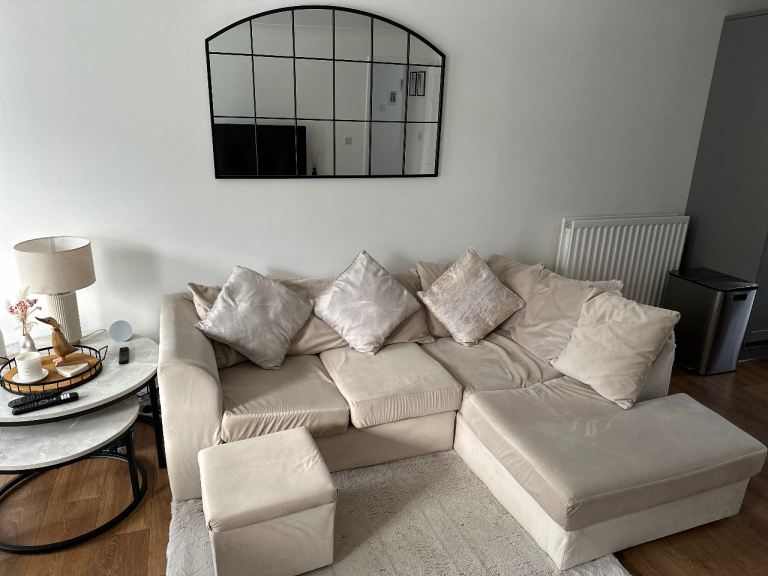 Large L-Shaped Corner Sofa with Footstool – Beige